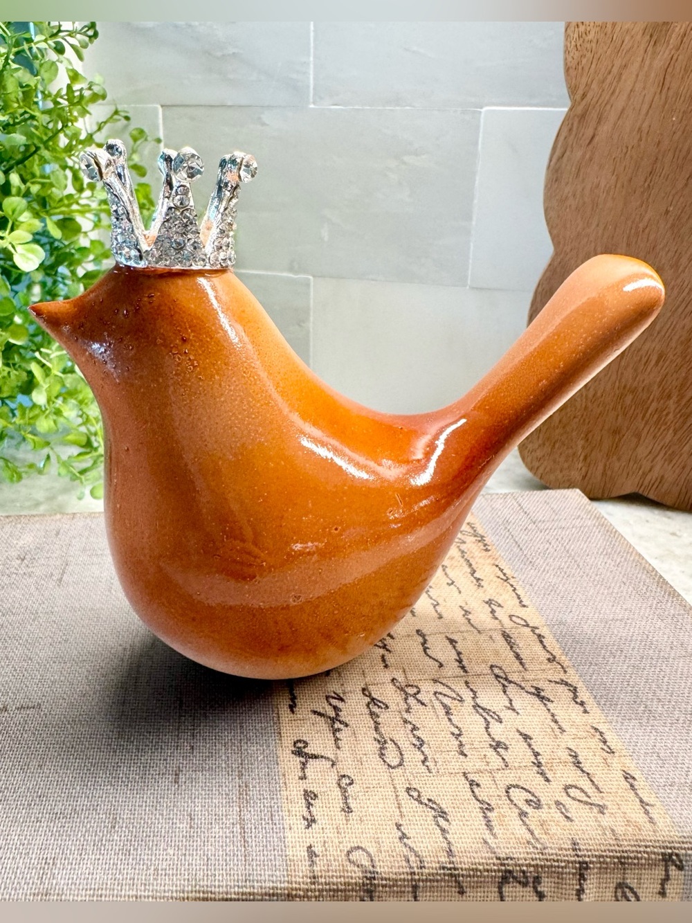 New Copper Orange Distressed Resin Bird w/ Silver Tone Metal Crown Figurine - 5”